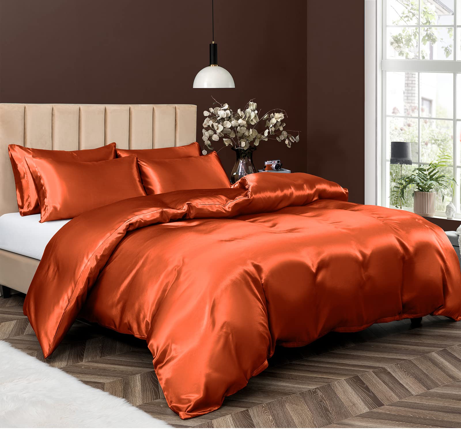 P Pothuiny 5 Pieces Satin Duvet Cover King Size Set, Luxury Silky Like Burnt Orange Duvet Cover Bedding Set with Zipper Closure, 1 Duvet Cover + 4 Pillow Cases (No Comforter) — image 1