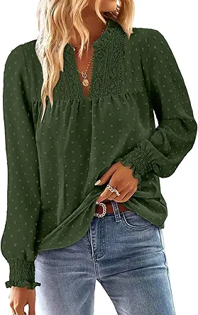 BETTE BOUTIK Women Boho Long Sleeve Shirts Dressy Casual V Neck Fall Fashion Tops Swiss Dot Flowy Blouses