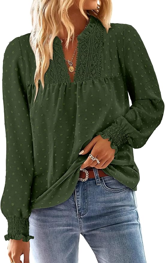 BETTE BOUTIK Women Boho Long Sleeve Shirts Dressy Casual V Neck Fall Fashion Tops Swiss Dot Flowy Blouses