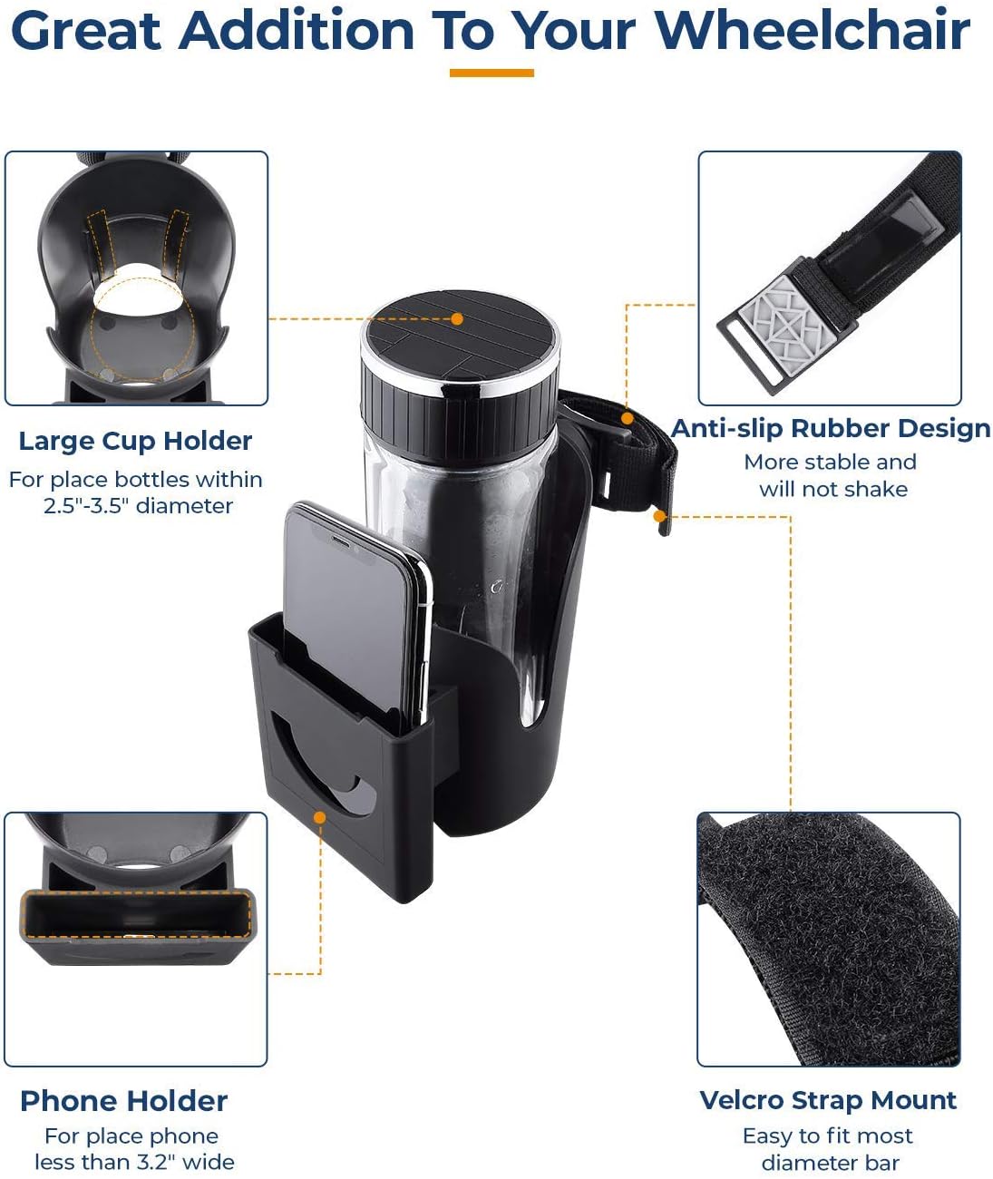 Wheelchair Side Bag with Drink Cup Holder, 5 Pockets Wheelchair Storage Bag Come with Water Bottle Holder : Health & Household