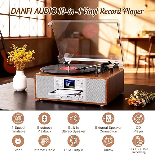 Miniatura 4 de Tocadiscos Bluetooth retro 10 en 1 con altavoces estéreo integrados, tocadiscos inalámbricos de 3 velocidades para vinilo, CD, MP3, USBSD, radio por