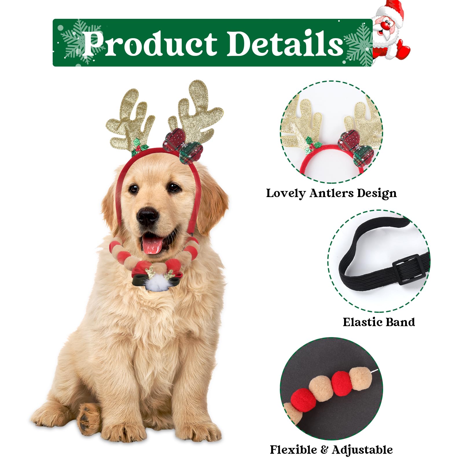 Cat Dog Christmas Outfit, Pet Christmas Costume, Christmas Pet Headwear, Xmas Small Dog Dress up, Christmas Reindeer Antlers Hat, Christmas Pom Pom Collar for Puppy Dog Cat - Image 3
