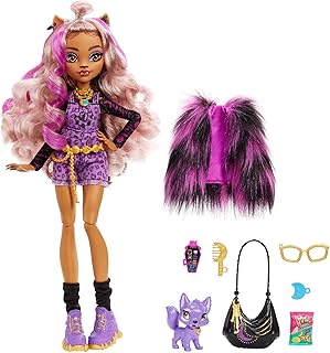 Monster High Clawdeen Wolf Fashion Doll with Purple Streaked Hair, Signature Look, Accessories & Pet Dog Pink Small