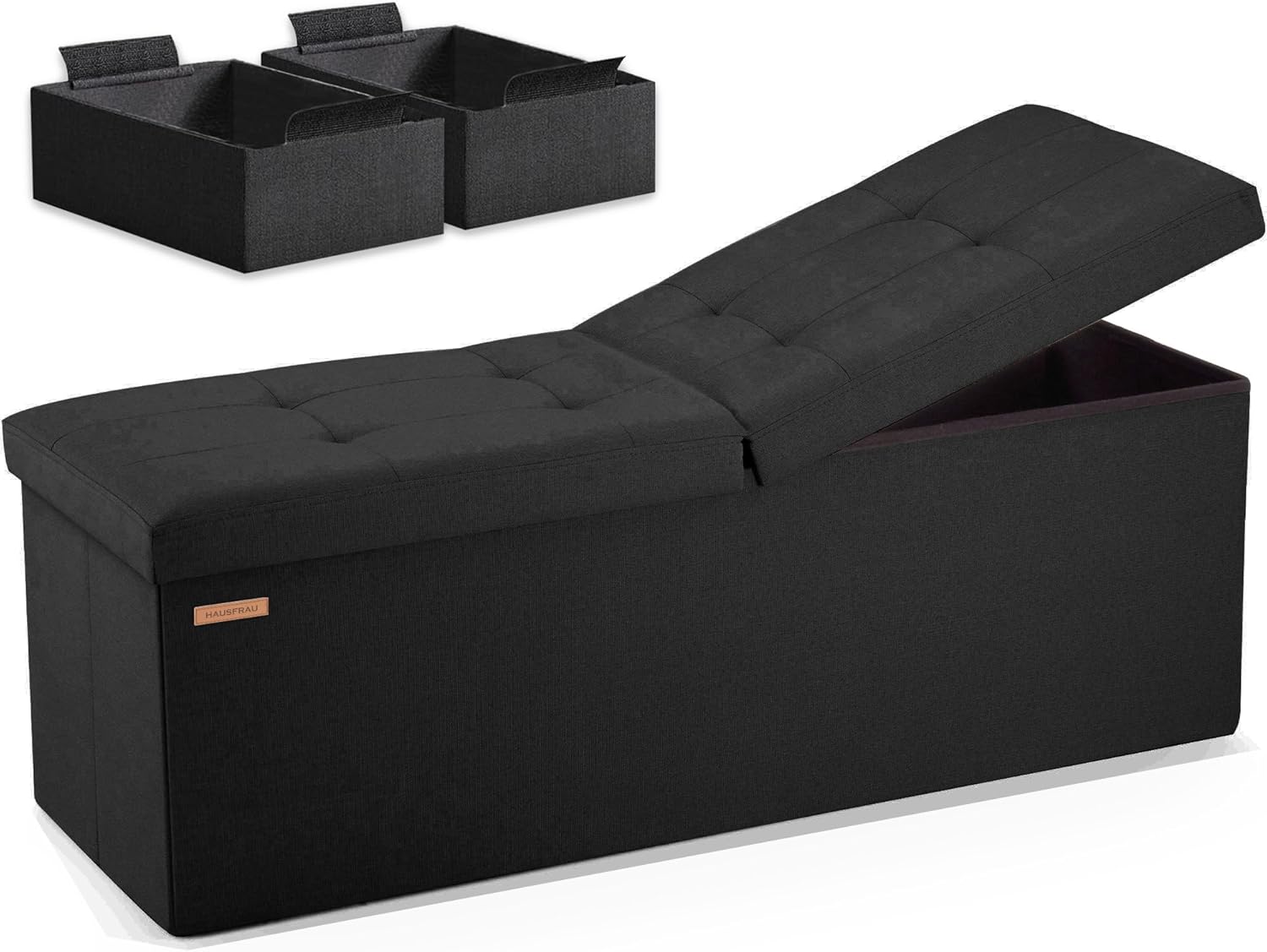 HAUSFRAU Storage Ottoman Bench with Flipping Lid, 43.3 Inches Storage Chest Footsrest, Folding Foot Stool for Entryway, Living Room, Bedroom, Linen Black