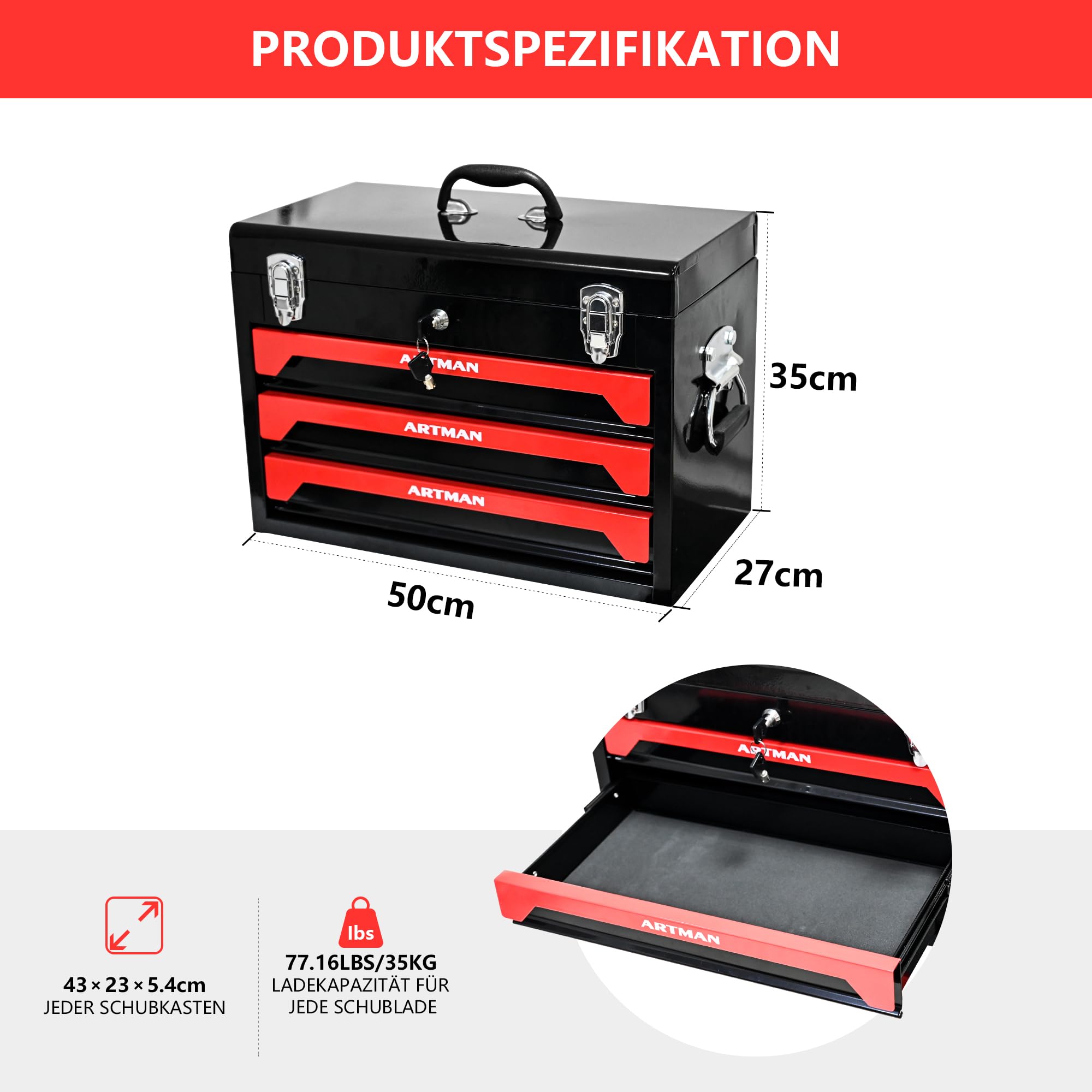 Caja de herramientas portátil de acero de 20 pulgadas con tres compartimentos, cerradura de metal, banco de trabajo móvil y almacenamiento de herramientas manuales, adecuado para bricolaje (sin