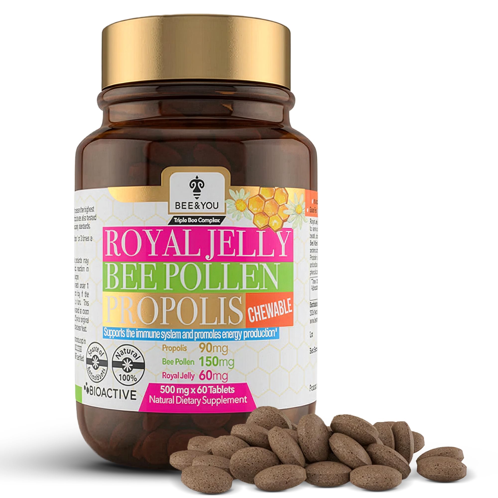BEE and You Royal Jelly + Propolis + Bee Pollen Chewable Tablets - High Potency - No Artificial Flavor/Preservatives - No Added Sugar- No Soy/Milk/Gelatin/GMO/Gluten, 500 mg x 60 Tablets