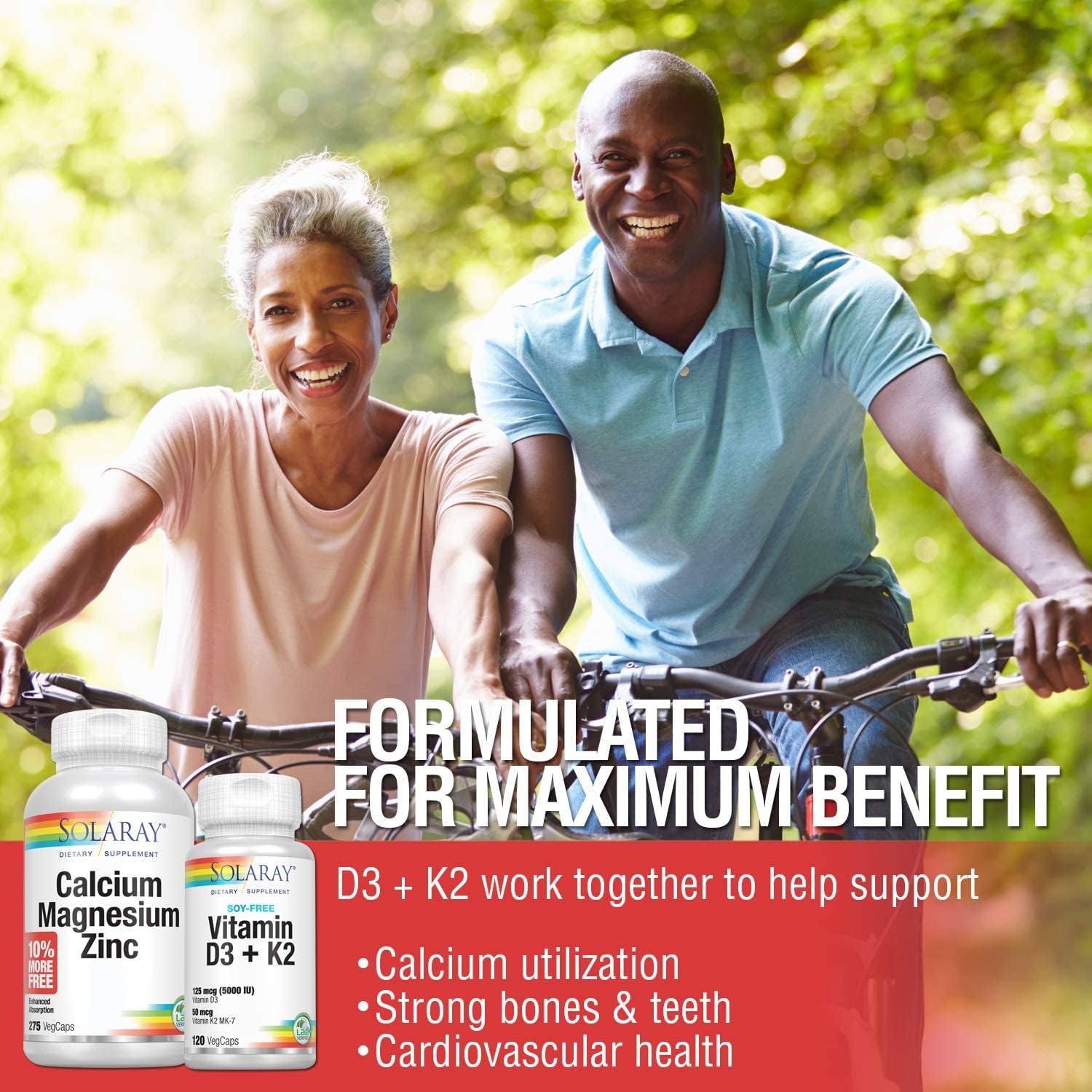 Solaray Calcium Magnesium Zinc 275ct and Vitamin D3 + K2 120ct | Bone, Heart & Immune Health Supplement Bundle