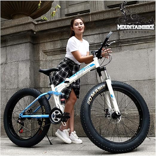 Amazon Co Jp マウンテンバイク男性女性 大人用折りたたみ式マウンテンバイク 機械式ディスクブレーキ 高炭素鋼フレーム 調整可能なシート用の ファットタイヤ付きデュアルサスペンションマウンテンバイク ブルー 24 Inch 7 Speed スポーツ アウトドア
