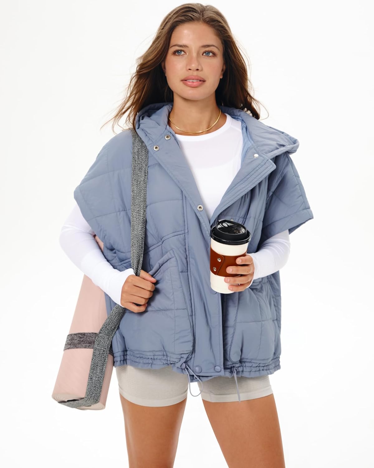 Gacaky Quilted Vest for Women Oversized Stand Collar Cap Sleeve Puffer Jacket Warm Button Zip Up Hoodies Coat Outwear - Image 5