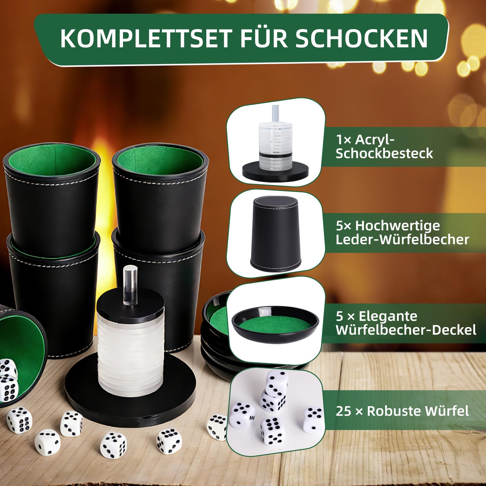 Schocken Set, Komplett mit 5 Würfelbecher Leder mit Deckel, 25 Würfeln, Schockbesteck mit 14 Acryl-Scheiben und Ständer, Schocken Würfelspiel Set für Jule Meiern Maxen Mörkeln