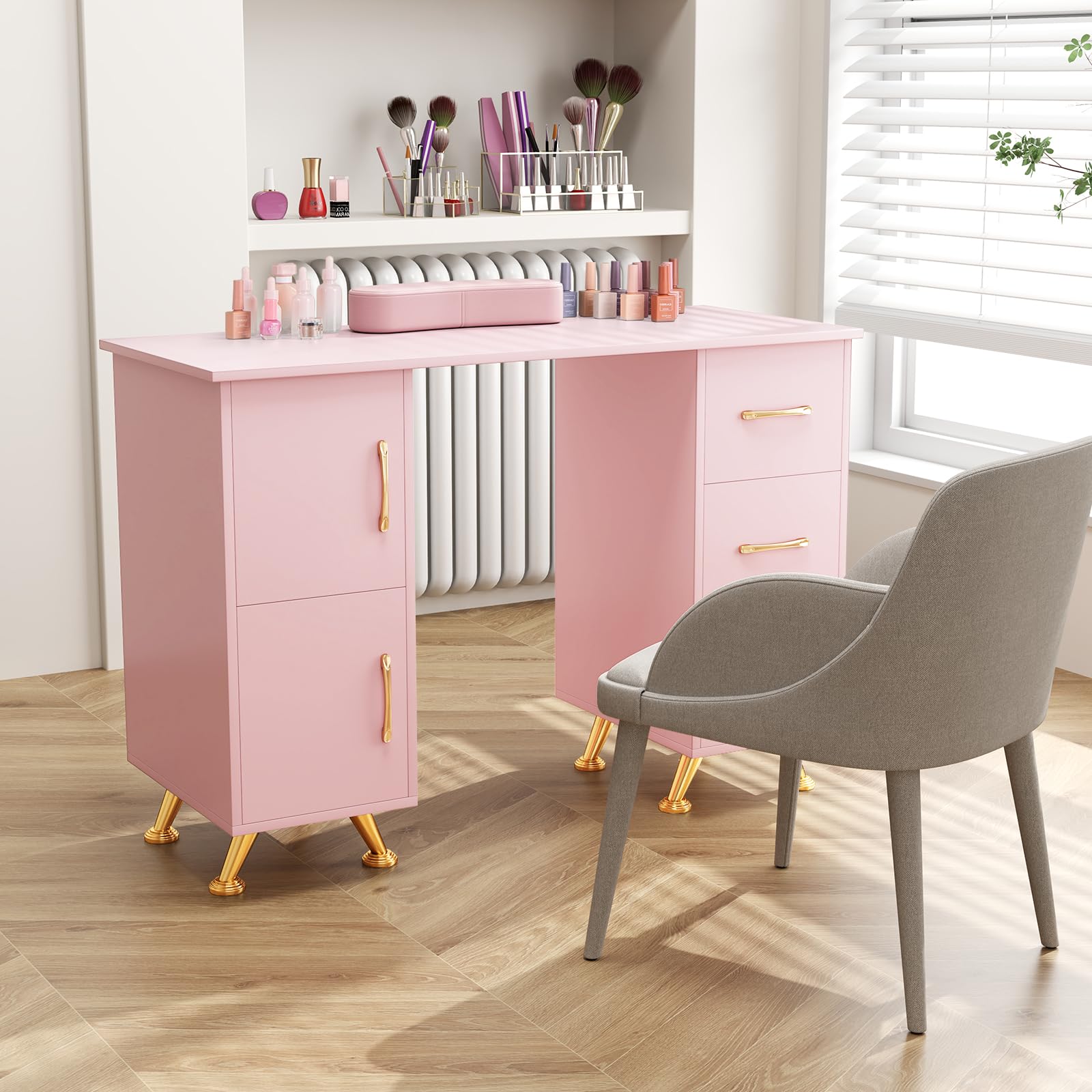 GYMAX Tavolo da Manicure, Stazione Tavolo per Tecnico Unghie, Cuscino per Polso, 8 Gambe in Metallo, 3 Cassetti e 2 Armadi, Stazione di Lavoro in Legno per Arte Unghie per Salone di Bellezza (Rosa)
