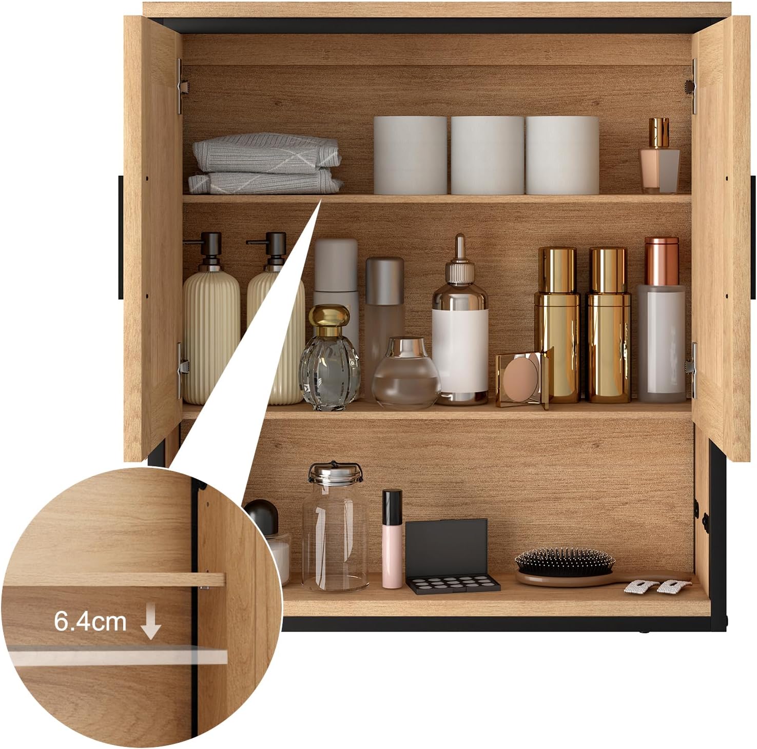 Interior view of the EUGAD mirror cabinet with various bathroom items on shelves, demonstrating the storage capacity and adjustable shelf.