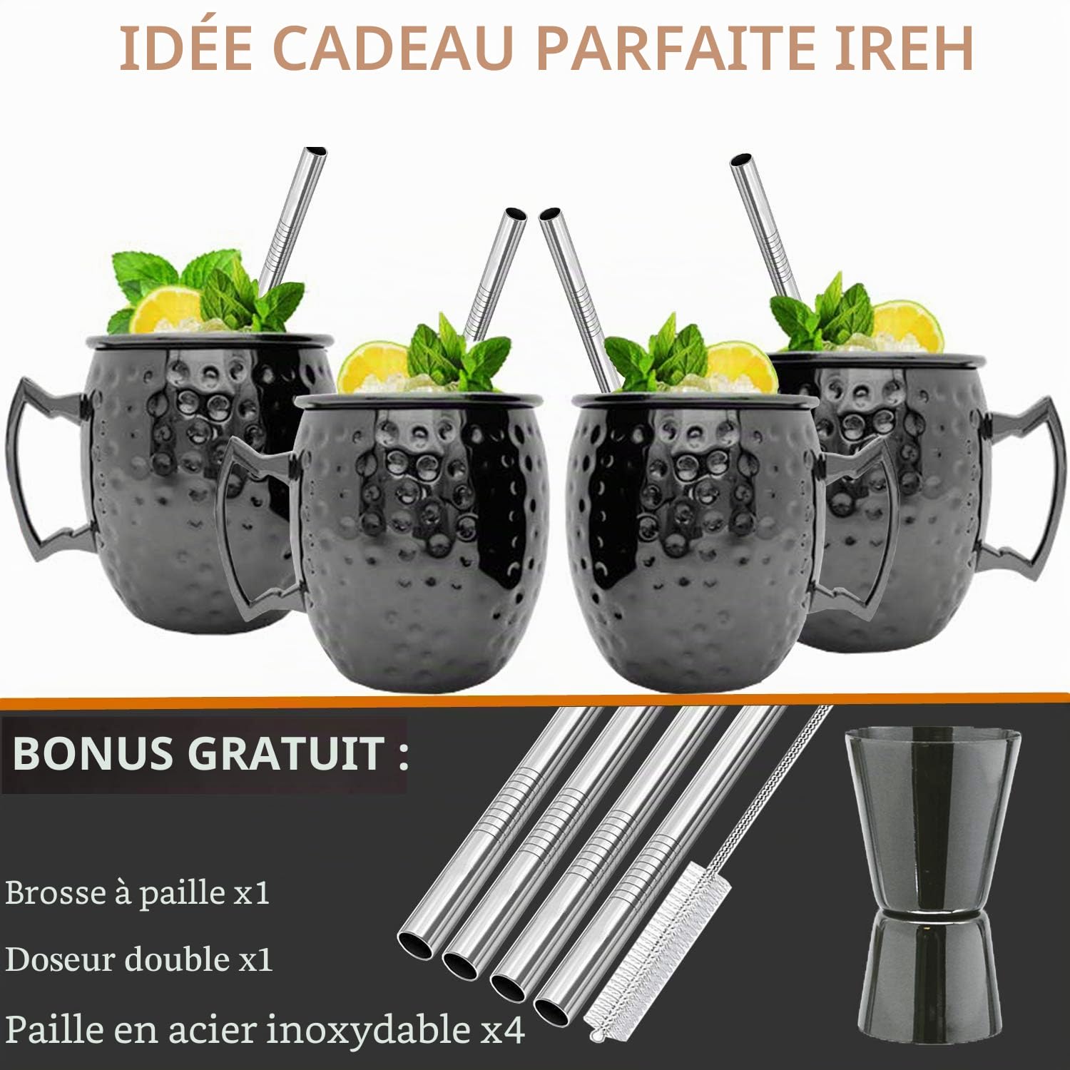 Moscow Mule Mug - Lot de 4 tasses avec double jigger en acier inoxydable plaqué noir 18 oz, parfait pour boisson froide 4 pièces noires.