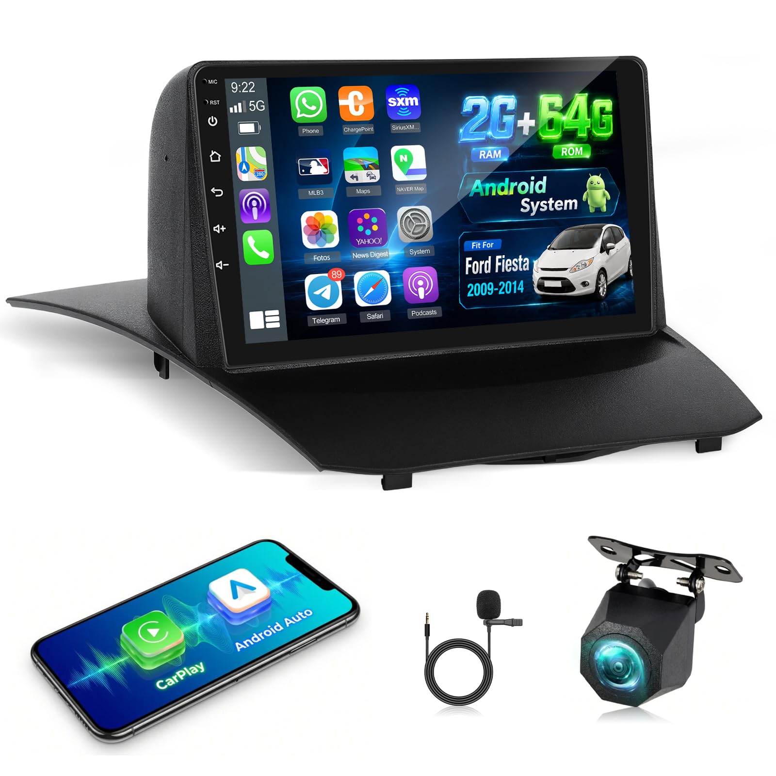 NHOPEEW Autoradio Android 2+64G per Ford Fiesta 2009-2017 con supporto per CarPlay wireless e Android Auto FM RDS navigazione GPS comandi al volante 40 temi dell'interfaccia utente e video online