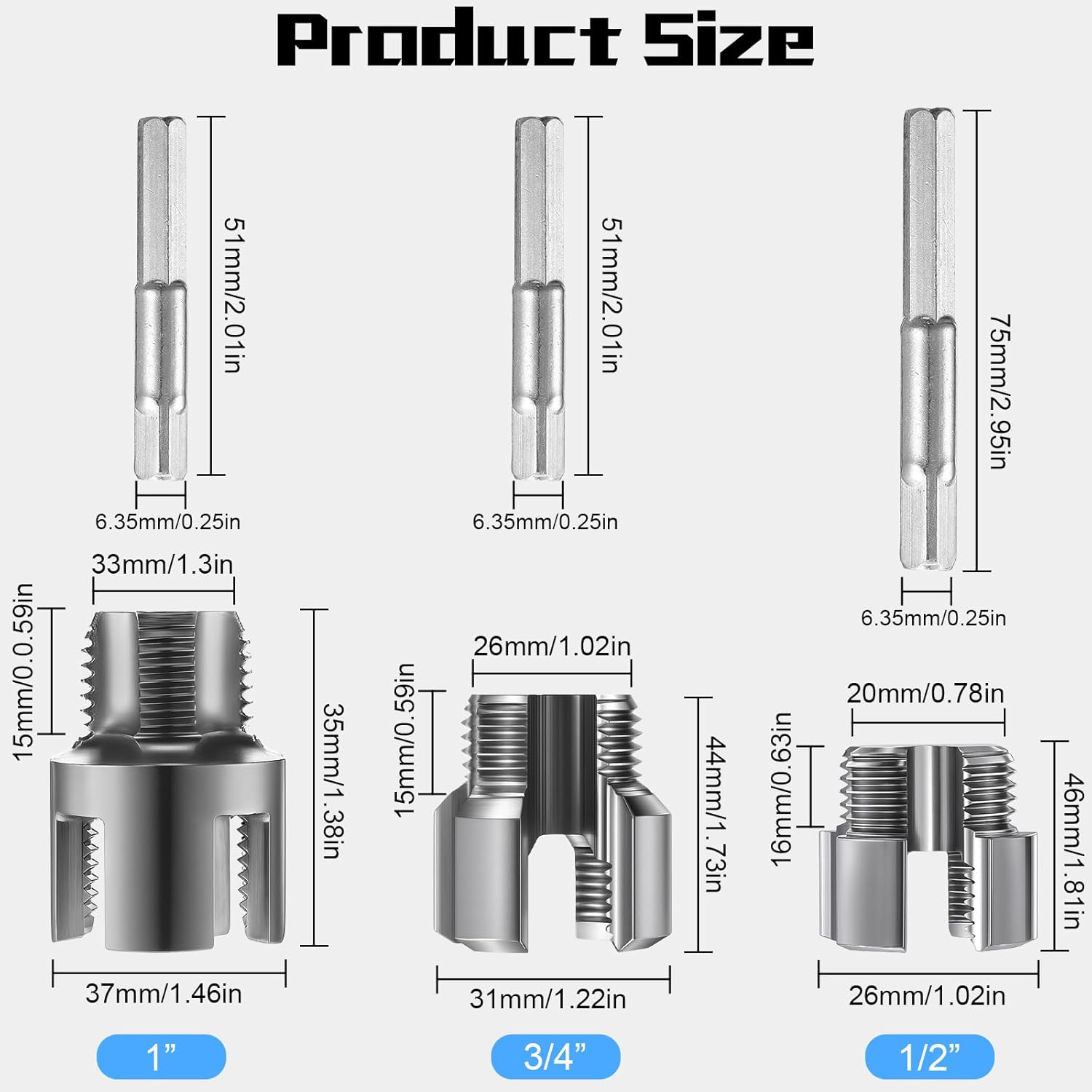 Pipe Thread Cutting Tool Integrated Internal & External Pipe Threading Tool Electric Drill Compatible PVC Tube Threader Kit, 1/2", 3/4", 1'' Tube Sizes Rethreading Kit(3 Sizes,Silver,3 Pcs)