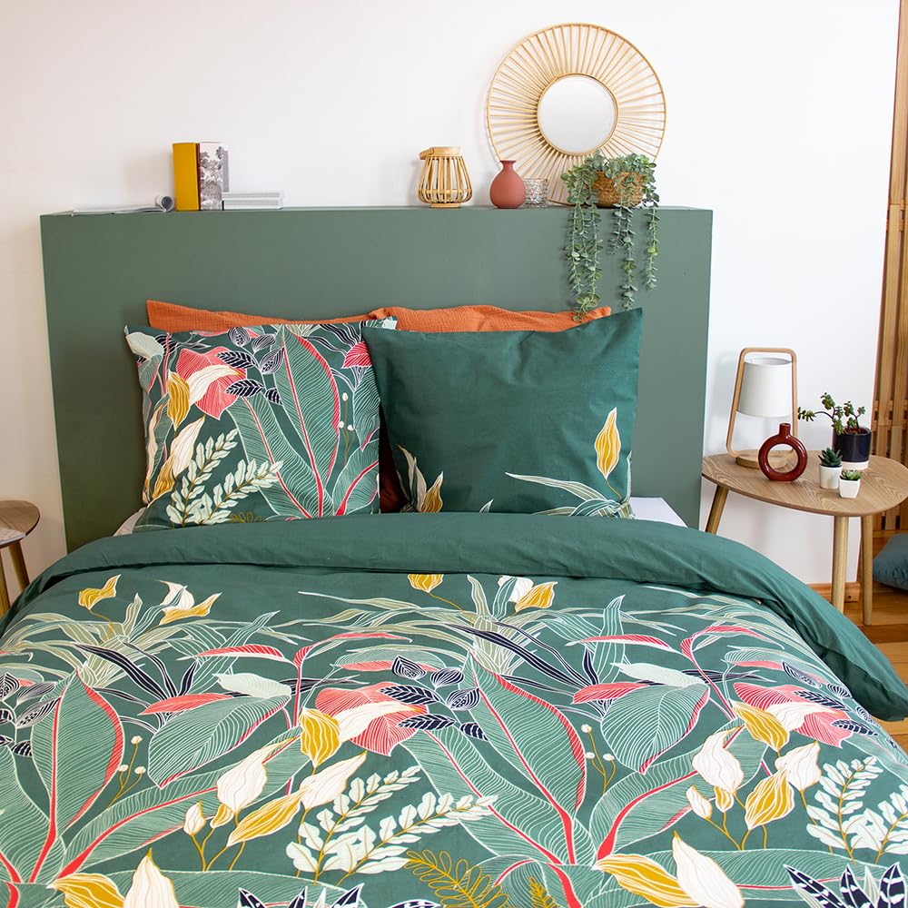 Coste Deco - Set di biancheria da letto per adulti, 220 x 240 cm, in cotone, motivo tropicale, colore: verde