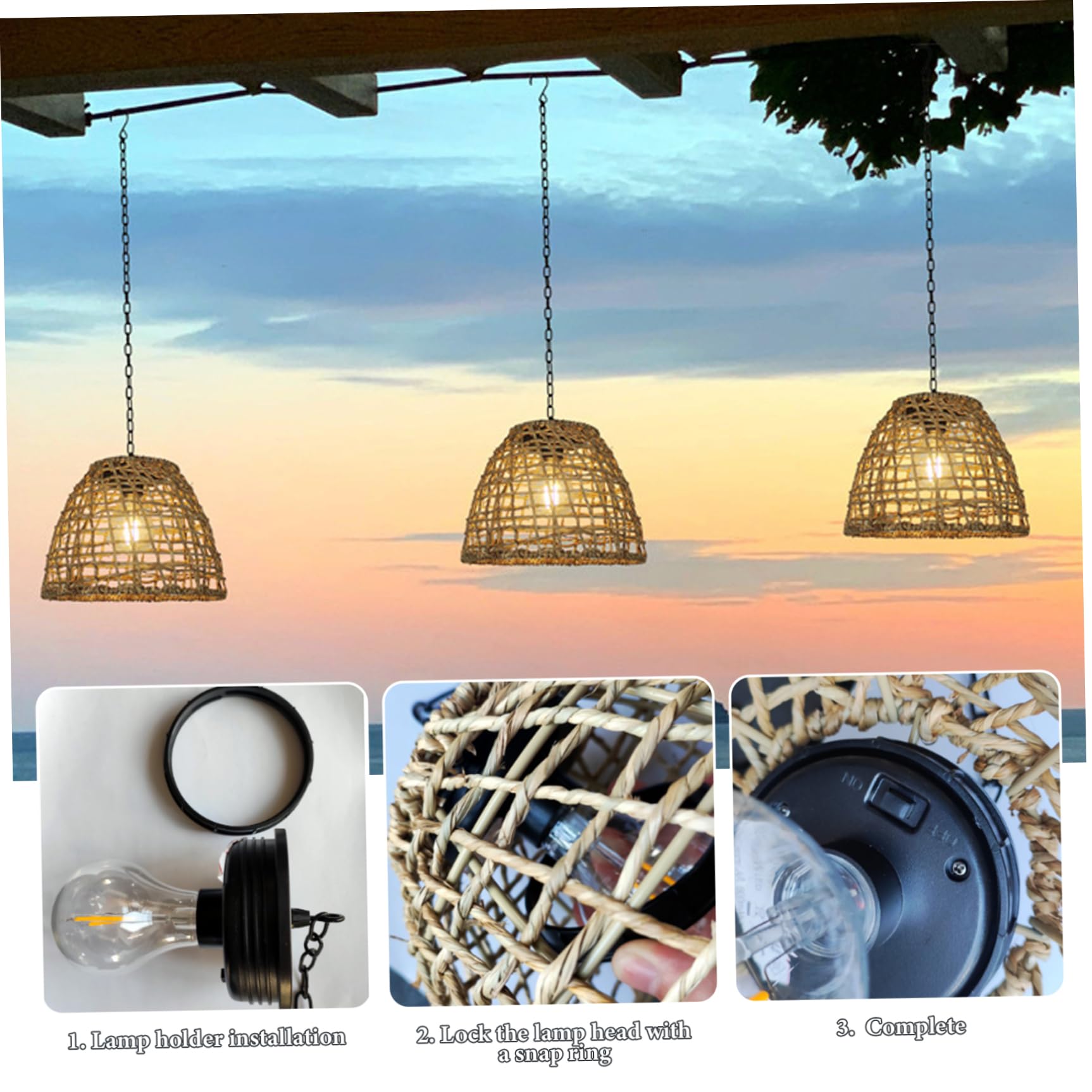 Lampes solaires suspendues, lanterne LED étanche d'extérieur avec abat-jour en rotin, lumière chaude à énergie solaire de 600mAh pour jardin, cour, Patio