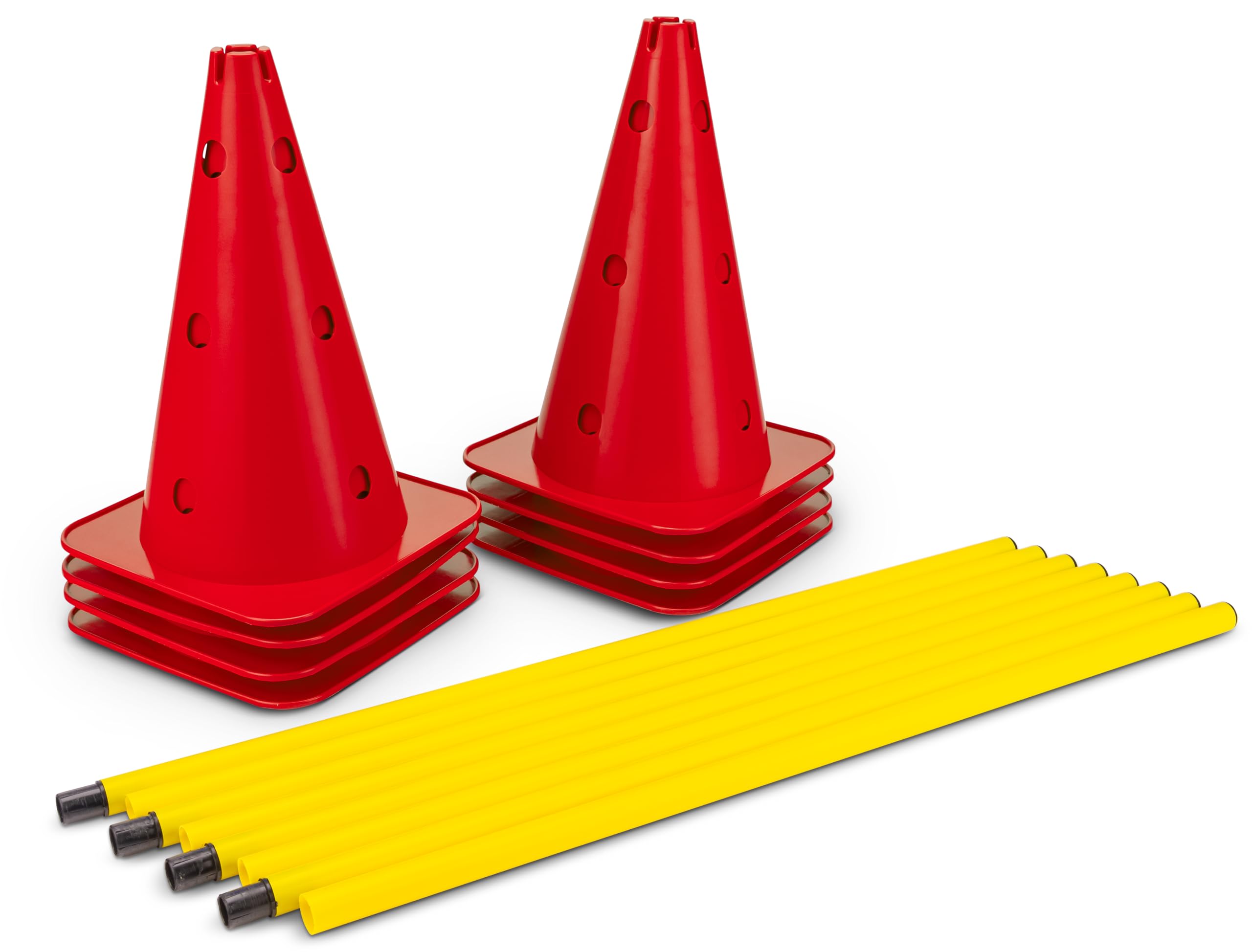HAEST Steckhürden-Set 160 cm – 8 robuste Markierungshütchen + 4 Lange Hürdenstangen – höhenverstellbar (8/21/33 cm), stabil & schwer – für Hundesport, Agility, Reitsport & Bodenarbeit