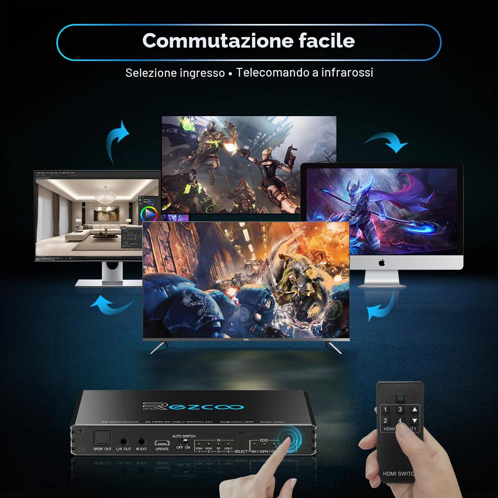 4K @ 120Hz HDMI 2.1 Switch 4x1 USB C DP1.4 4 porte Switcher con estrattore audio (ottico e 3,5 mm out) VRR ALLM HDCP 2.3 HDR Dolby Vision/Atmos Audio ottico per PS5, Xbox, giochi, telecomando IR