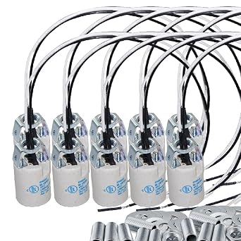 E12 Socket,Ceramic Chandelier Socket E12 Bulb Lamp Holder,Light Socket with Wire Lead for E12 Incandescent LED Light Bulb 10-Pack