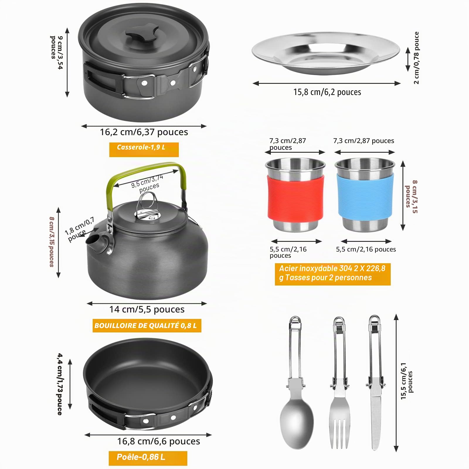 Camping Cookware Set, Portable and Lightweight Stainless Steel Camping Frying Pan Pots Cups Cutlery for Outdoor Picnic Hiking Camping