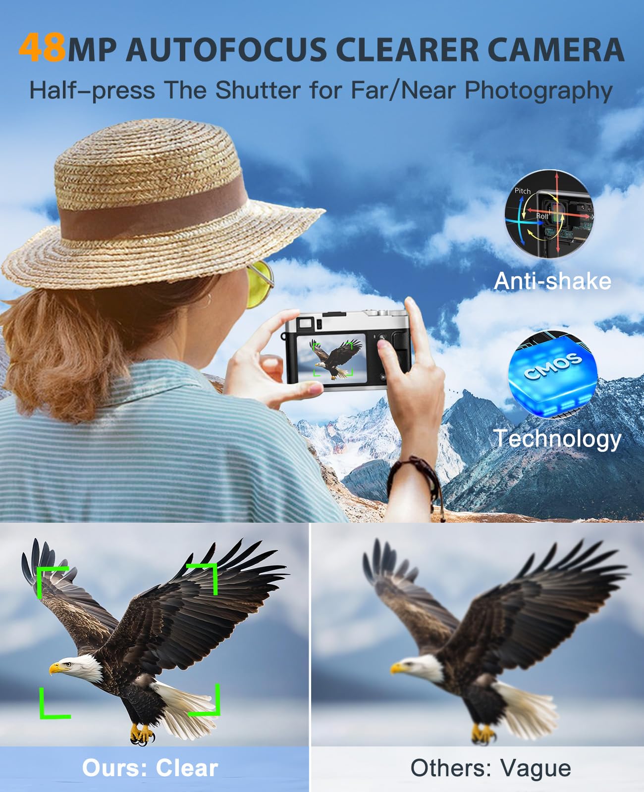 CAMKORY Fotocamera digitale 4K, 48 MP, messa a fuoco automatica con mirino ottico, zoom 16x