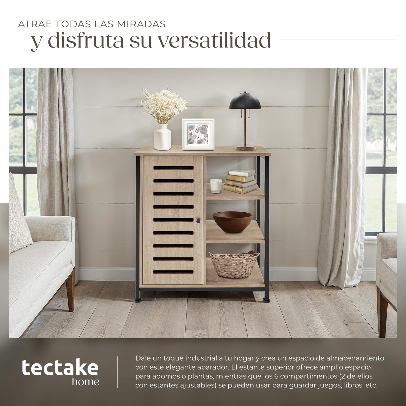 tectake® Aparador Estilo Industrial con Armario Dormitorio, Mueble Baño, Estanterias Almacenaje, Estanteria Baño - 71 x 32 x 82 cm Puerta a la Izquierda Madera Industrial Clara, Roble Sonoma