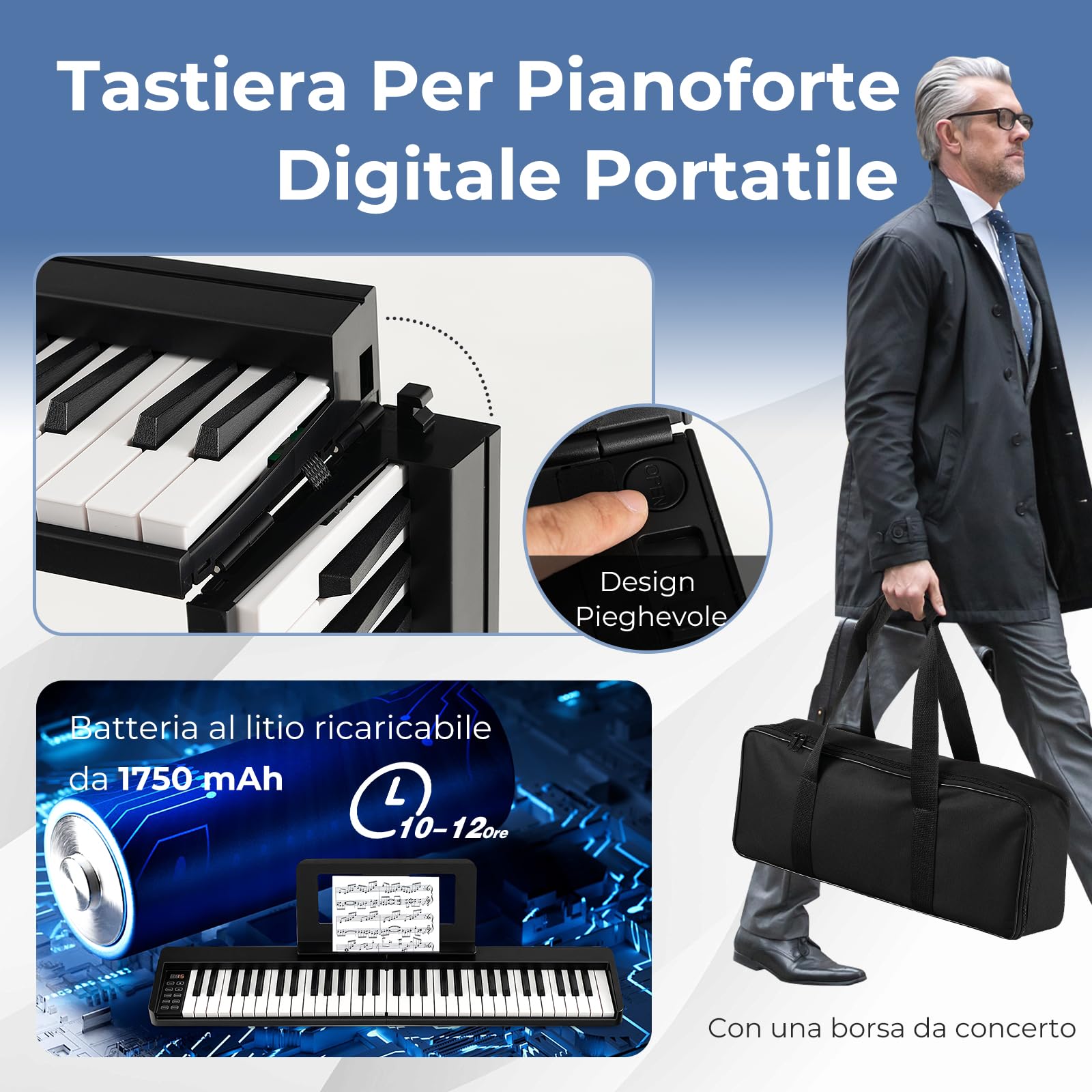 RELAX4LIFE Tastiera Pianoforte Digitale 61 Tasti, Pieghevole Portatile con Custodia, Bluetooth MIDI/Audio, Tasti Sensibili, Batteria 1750mAh, per Principianti Bambini Adulti