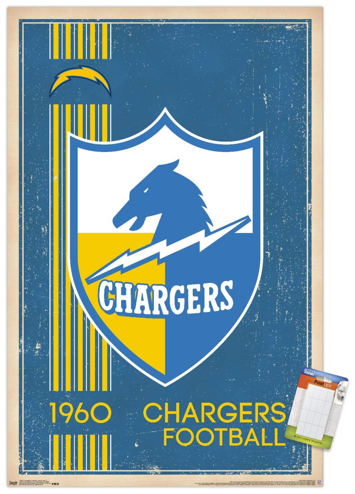 Trends International NFL Los Angeles Chargers - Retro Logo 17 Wall Poster, 22.375" x 34", Poster & Mount Bundle