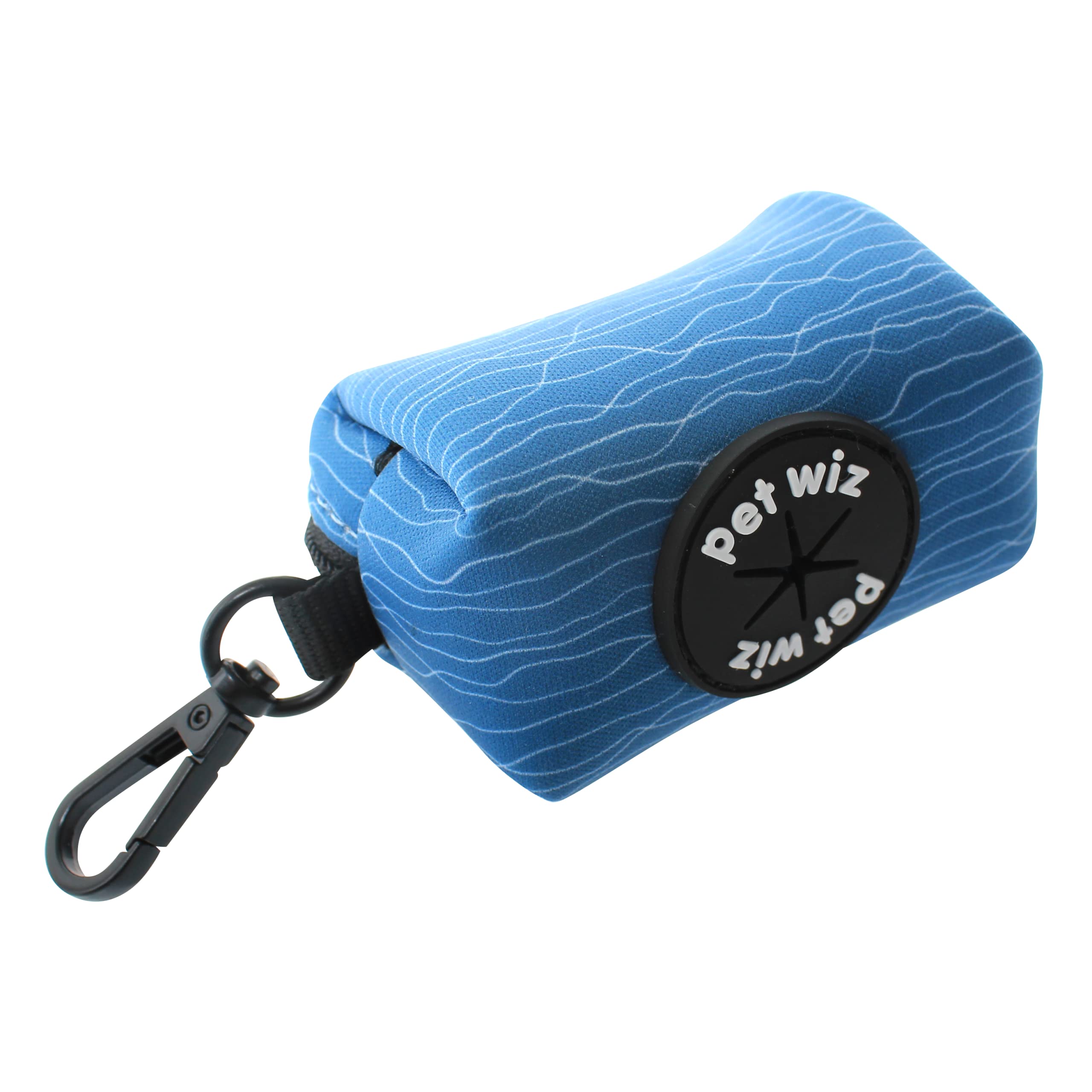 pet wiz Poop Bag Holder, in an Easy Clean Material and Fun Designs. Featuring a Zip and Clip for Easy Attachment to Lead. Convenient Poop Bag Dispenser including Roll of Bags. (Pawfect Waves)