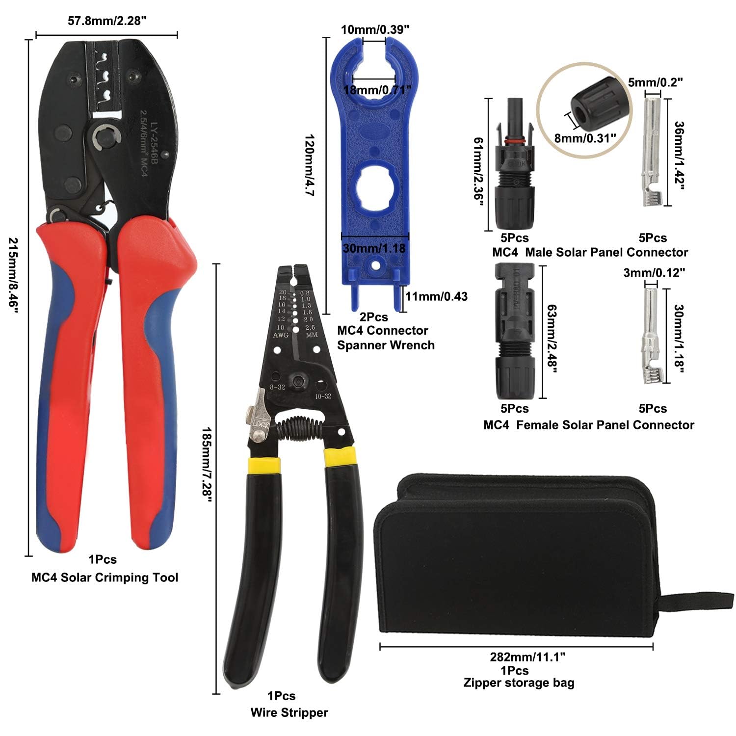 Solar Crimping Tool Kit, Solar Panel PV Cable with Wire Stripper and Cutter, 5 Pairs MC4 Connector, 1 Pair Solar Connector Assembly Tool Spanner for 2.5/4.0/6.0 mm PV Cables - Image 3