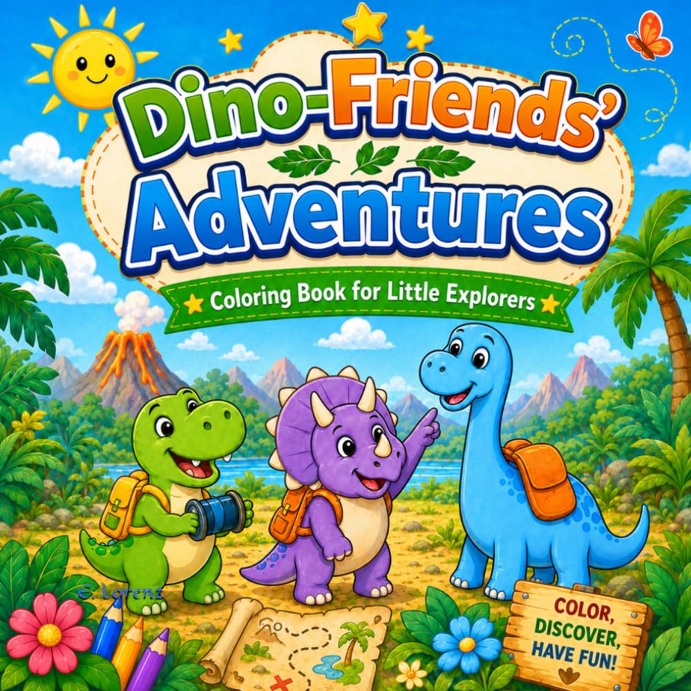 Dino-Friends' Adventures: A Cute Dinosaur Coloring Book for Kids Ages 3–6 with Fun, Friendly Adventure Scenes