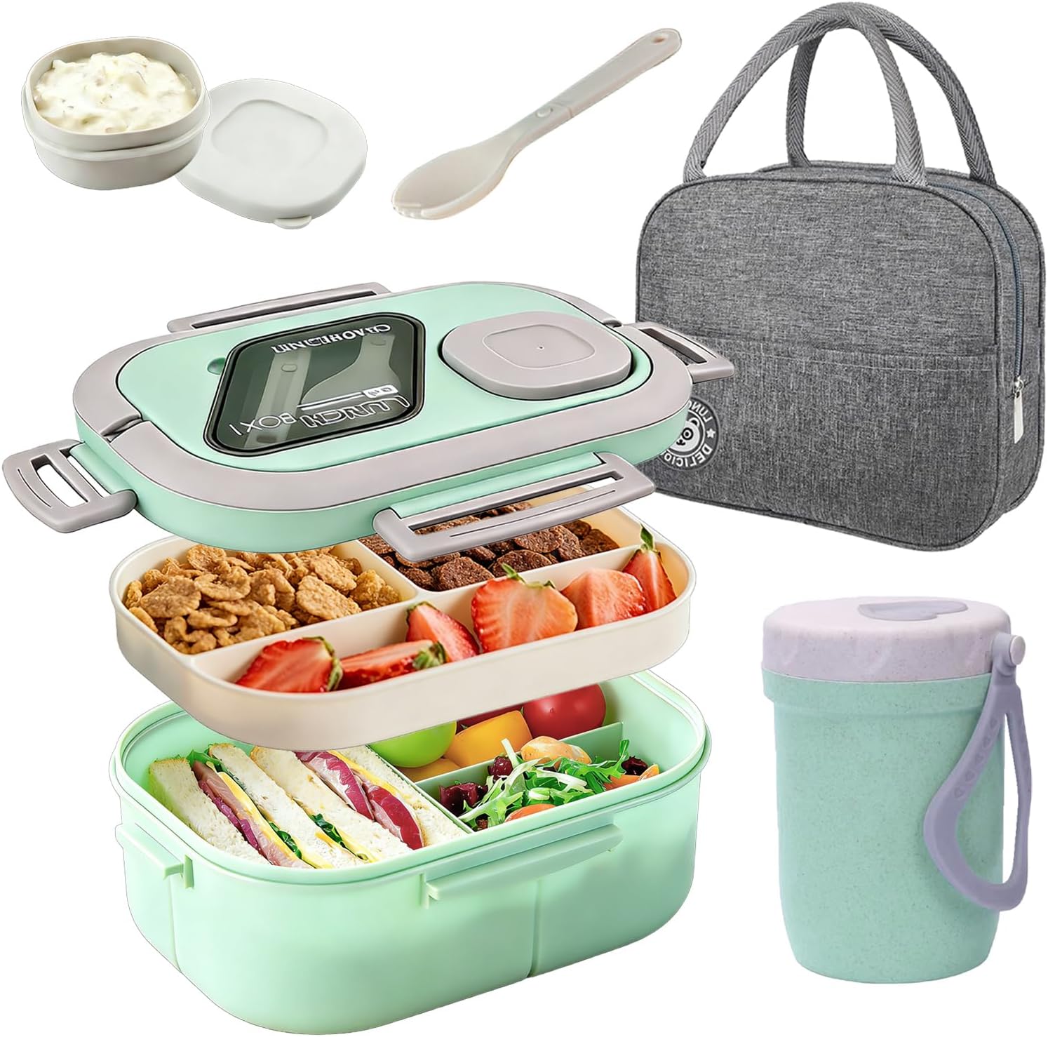 Lunch Box,Salad Container Large 45oz Salad Bowl, Bento-Style Tray for Toppings, 3oz Sauce Container for Dressings, and Built-In Reusable Fork(Green)