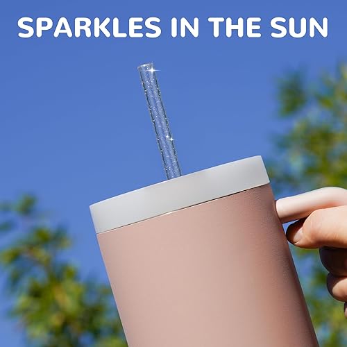 Miniatura 7 de NiHome Paquete de 18 popotes de repuesto de plástico con purpurina para vaso Stanley de 40 onzas, popotes reutilizables de colores surtidos de 12