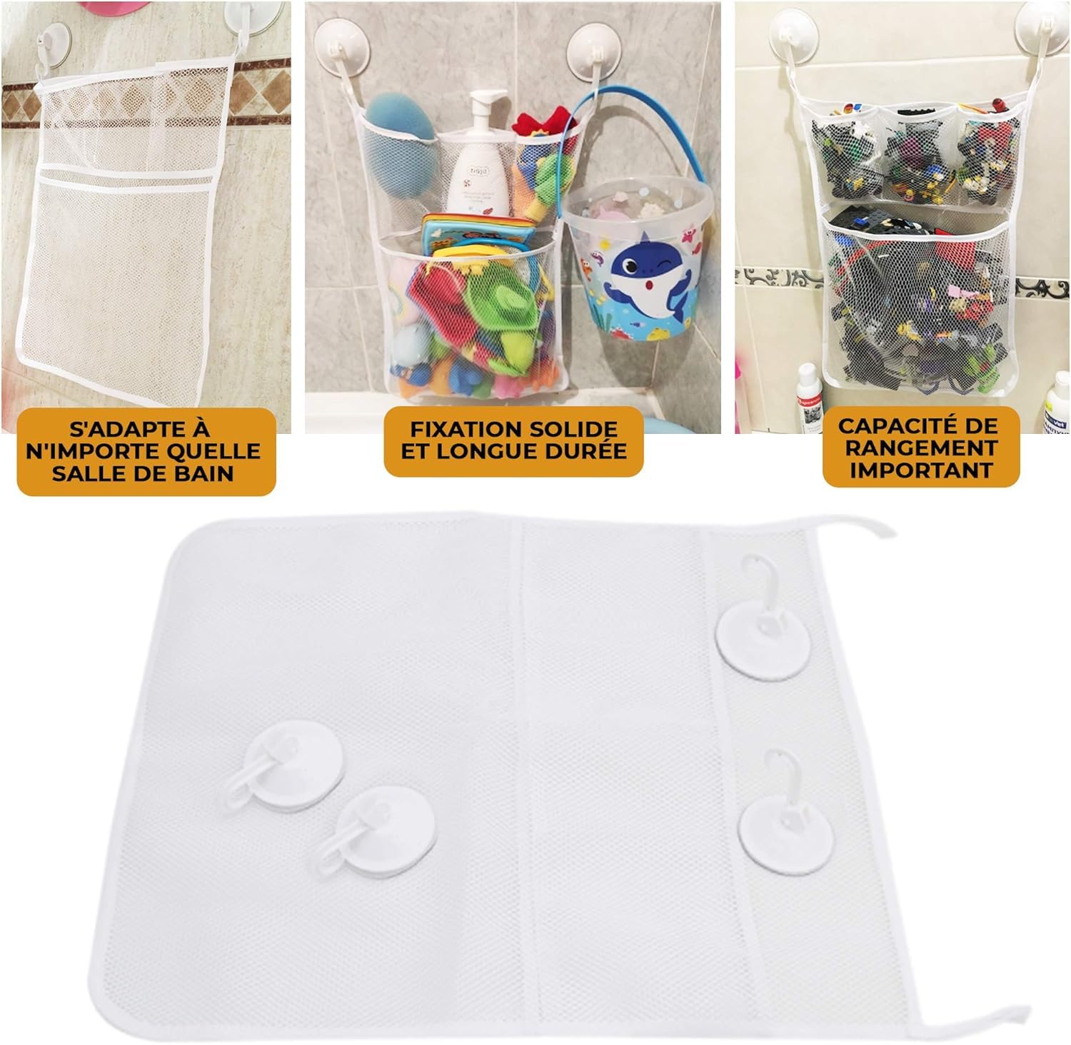 Organisateur Jouets Salle De Bain Filet De Rangement Pour Jouets De Bain Avec 2 Crochets | Grande Capacité, Maille Drainante, Polyester | Salle De Bain, Baignoire