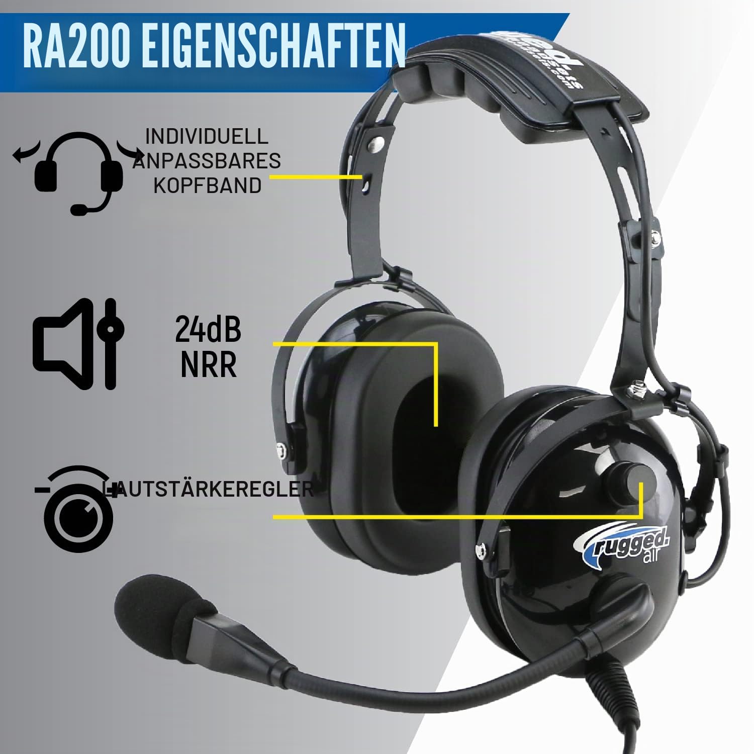 Rugged. Air RA200 General Aviation Headset für Studentenpiloten, mit passiver Geräuschreduzierung, verstellbarem Kopfbügel, Vollflex-Mikrofonarm und Headset-Tasche