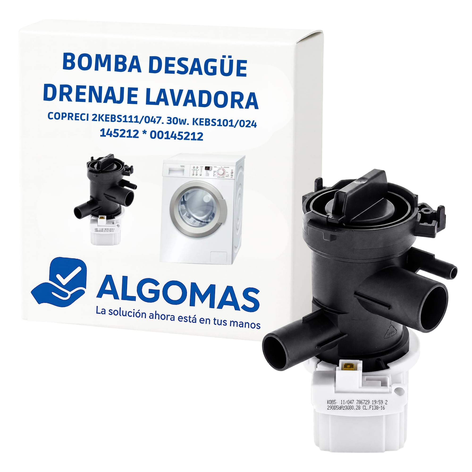 ALGOMAS® Bomba Desagüe Lavadora Copreci 2KEBS111/047. 30W. KEBS101/024 | 145212 00145212 | Repuesto Compatible con Bosch Balay Siemens | Incluye Filtro
