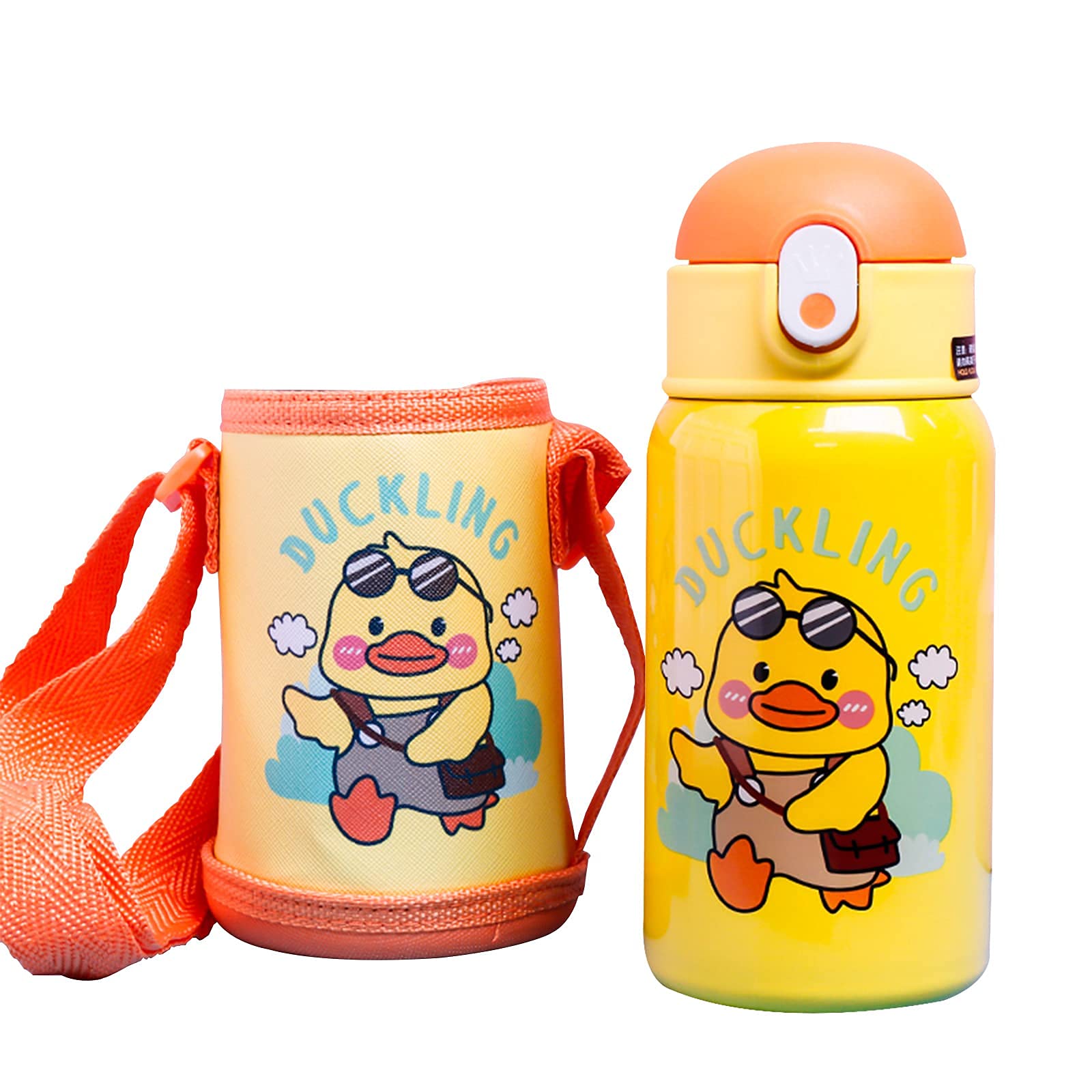 N/C Hi-Cup DuckLing Kids Water Bottle - insulated stainless steel thermos with straw (Girls/Boys) - 13oz (Outdoor Yellow) 7.5*18