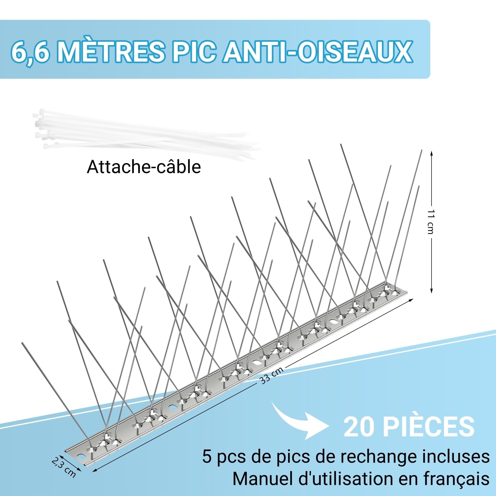 Pic Anti-Pigeon en Acier Inoxydable 6.6 Mètres, Pack de 20 Pique Anti-Oiseaux pour Effrayer Corbeaux, Moineaux, Chats, Respectueux des Animaux