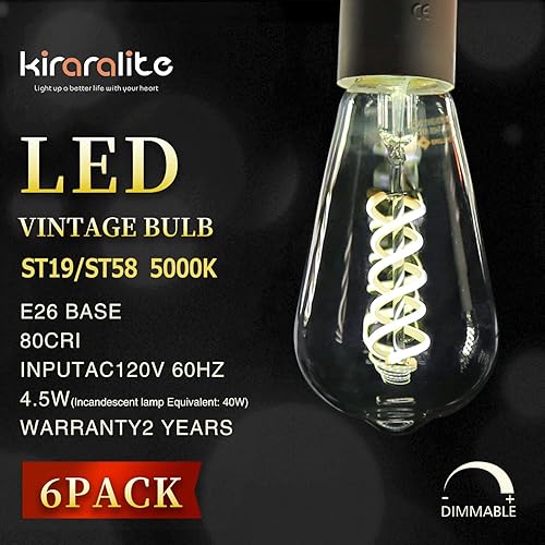 Miniatura 2 de ST19 (ST58) Bombilla LED Edison de vidrio gris ahumado, vintage, paquete de 6, luz diurna 5000 K, bombilla de filamento LED en espiral flexible