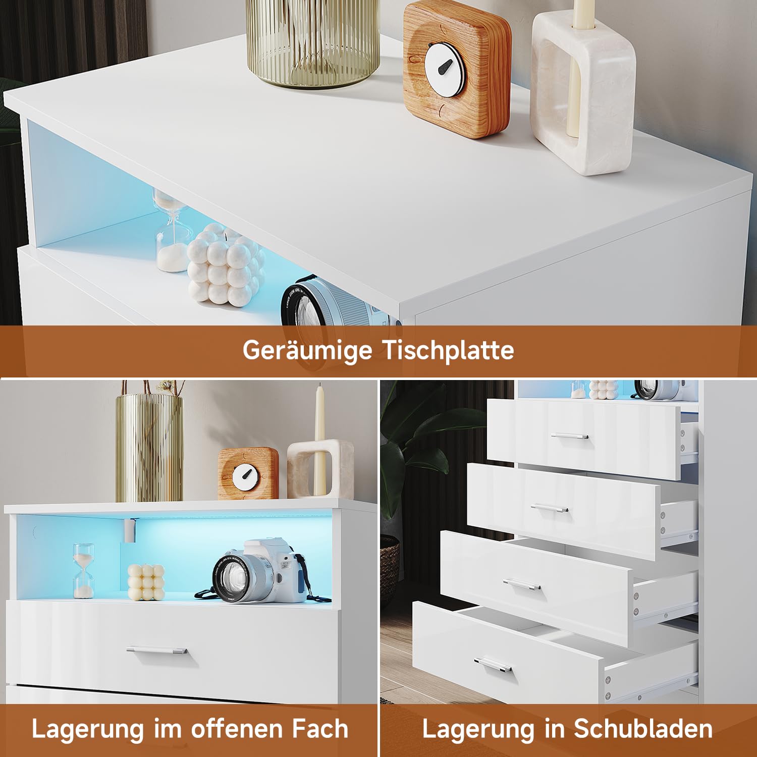 SONNI Chest of drawers with four drawers, a remote controlled LED lamp