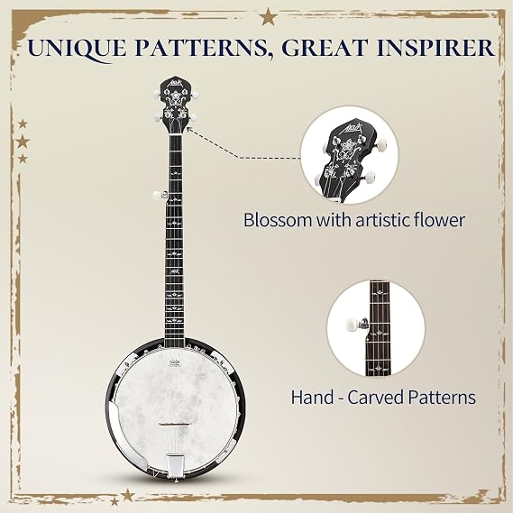 AKLOT 5-String Banjo Deluxe Set: 38-Inch Full-Size Banjo With Remo Head and Detachable Resonator, Open-Back or Closed-Back Playing, With Pickup, Tuner, Bag, Strap, Pick, Bridge, for All Adult Levels