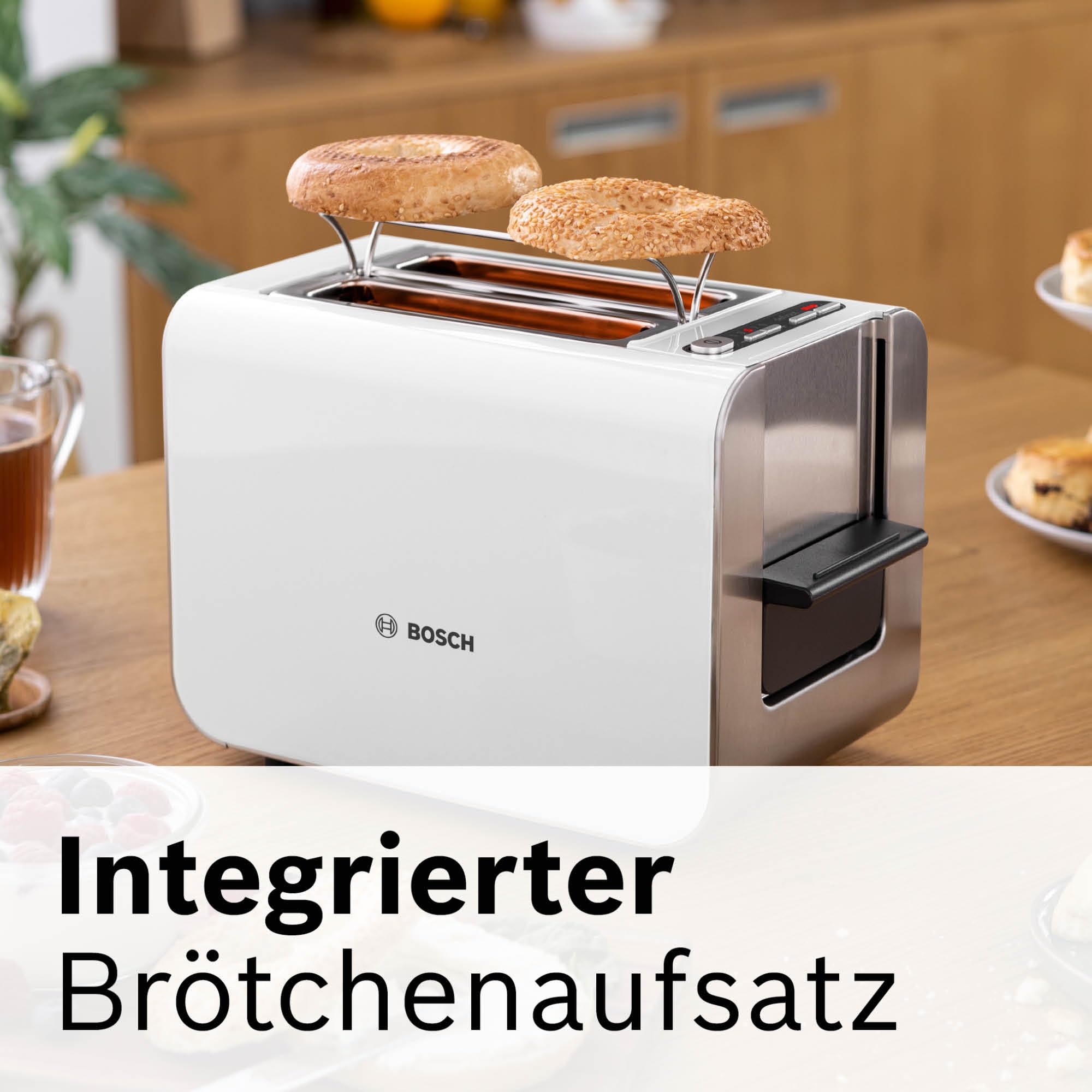 Bosch Toaster Styline TAT8611N, integrierter Brötchenaufsatz, Liftfunktion, Auftaufunktion, Abschaltautomatik, Brotzentrierung, 800 W, Edelstahl/weiß