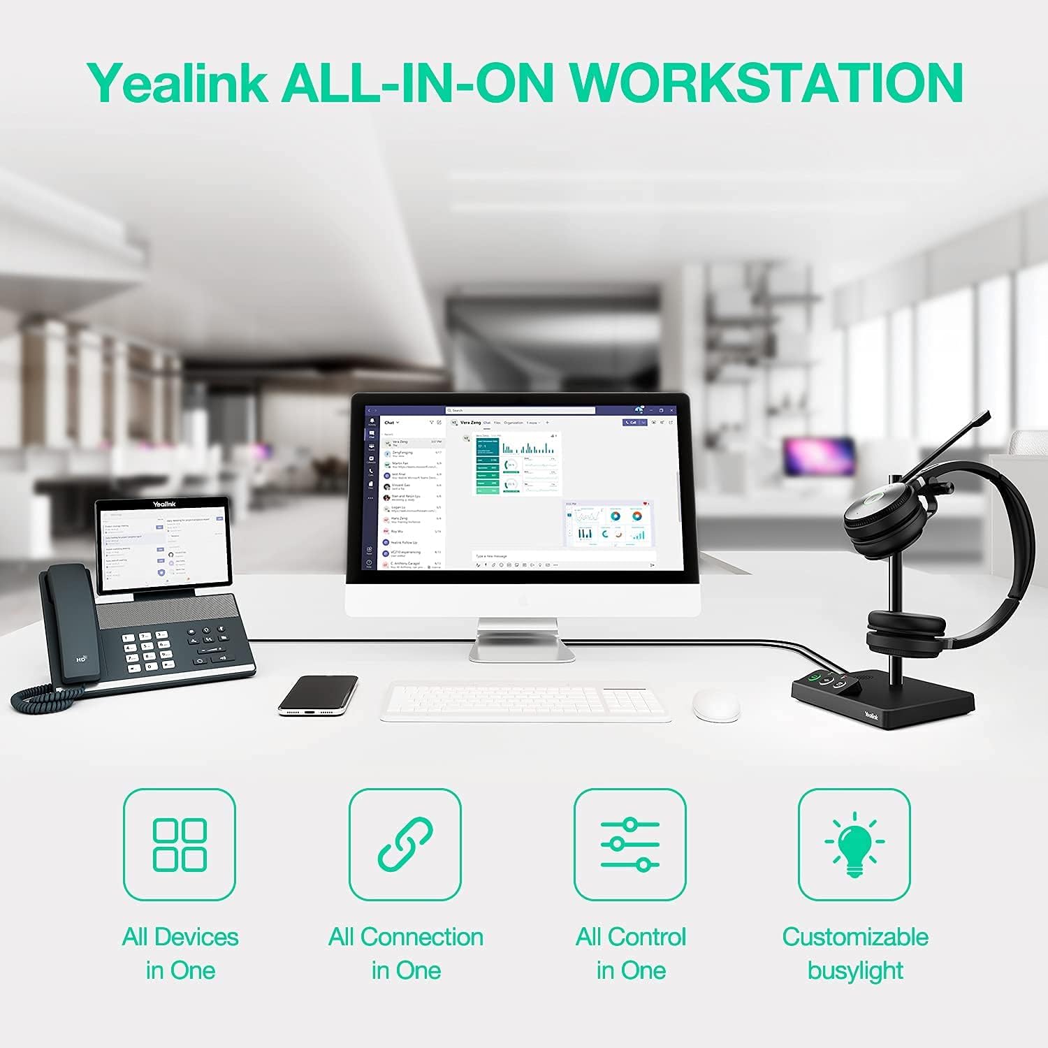 Yealink WH62 Duo headset on charging base connected to a desk phone.