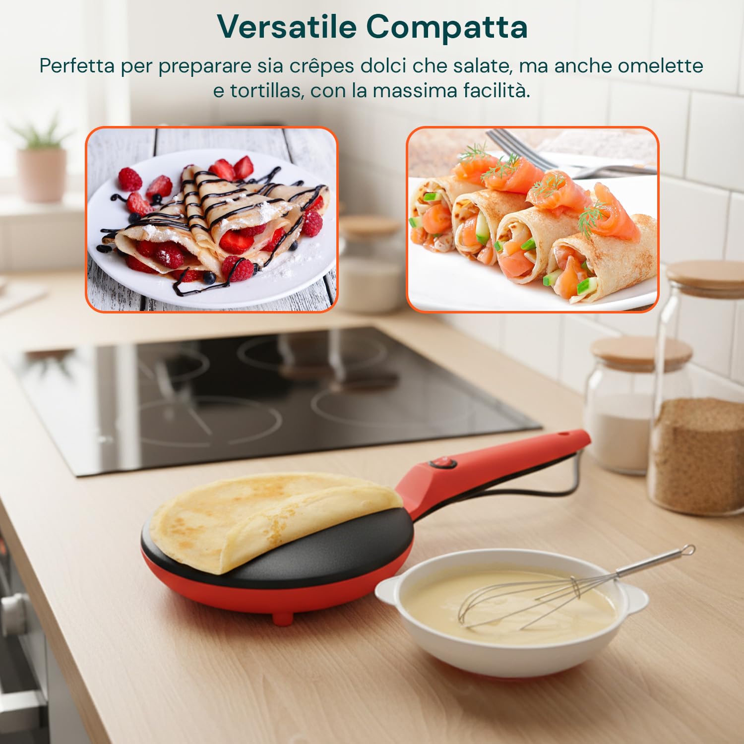 Wintem - Crepiera Elettrica Yummi 600W con Ciotola e Frusta Inclusa, Padella Antiaderente da 20cm Facile da Pulire, Ideale per Preparare Crepes Veloci a Colazione o Merenda in Sicurezza