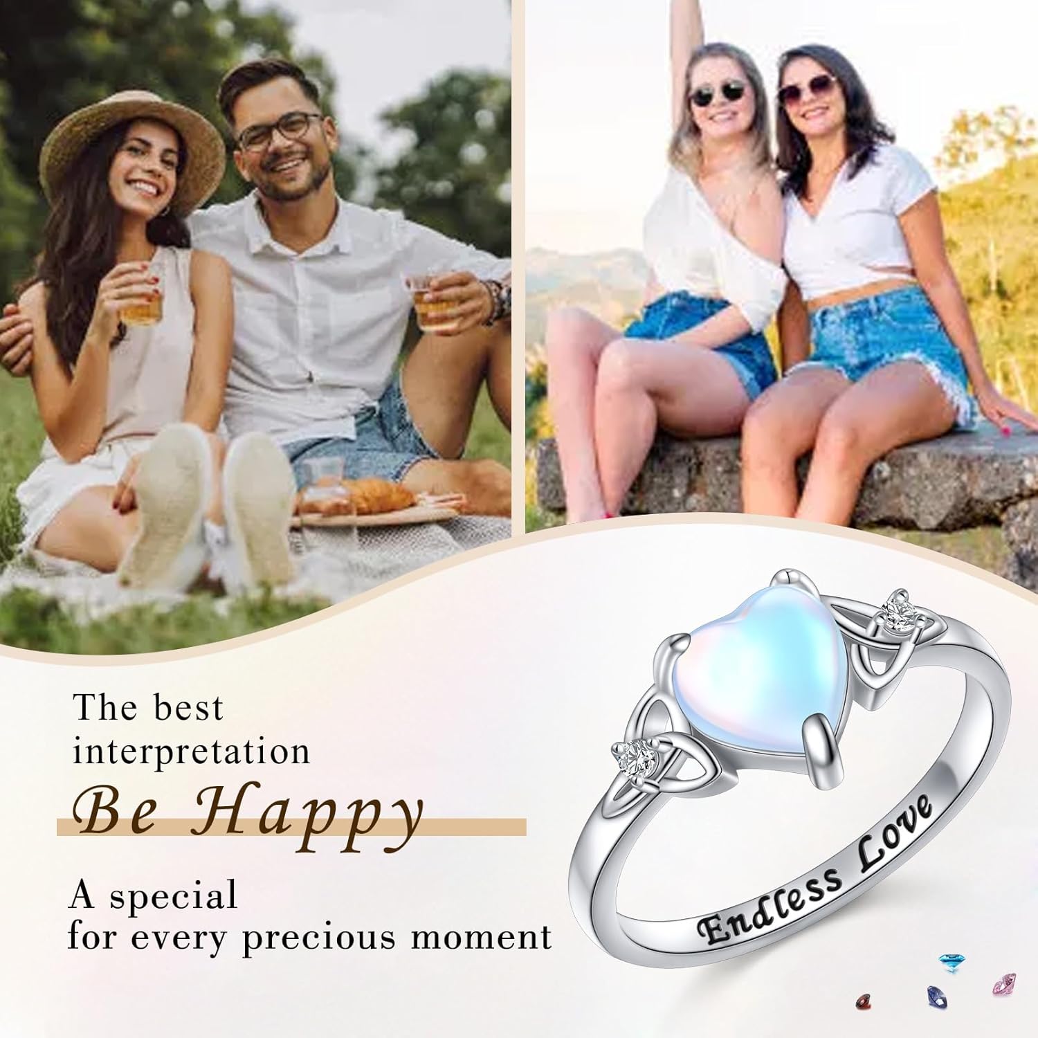 DAOCHONG Celtic Knot Ring For Women Heart Trinity Rings 925 Sterling Silver Infinity Moonstone Vintage Engagement Celtic Jewelry High Polish Tarnish Resistant Eternity Wedding Band Stackable Ring