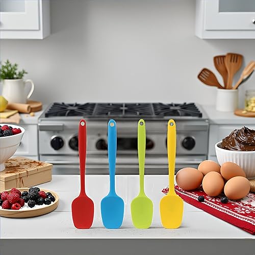 Miniatura 7 de Juego de 4 espátulas de silicona, pequeñas espátulas de cuchara de goma antiadherentes de 8 pulgadas, diseño de una sola pieza, cuchara de silicona