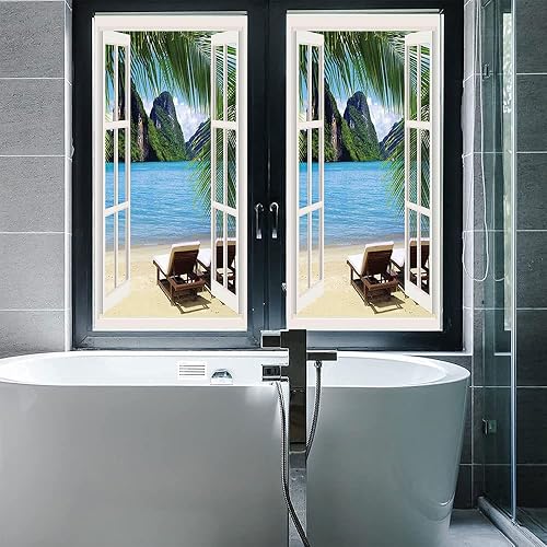 Vista 56 de Tropic - Película 3D para ventana, palmeras tropicales oceánicas en isla soleada, imagen panorámica, para puerta de cristal, baño, sala de estar