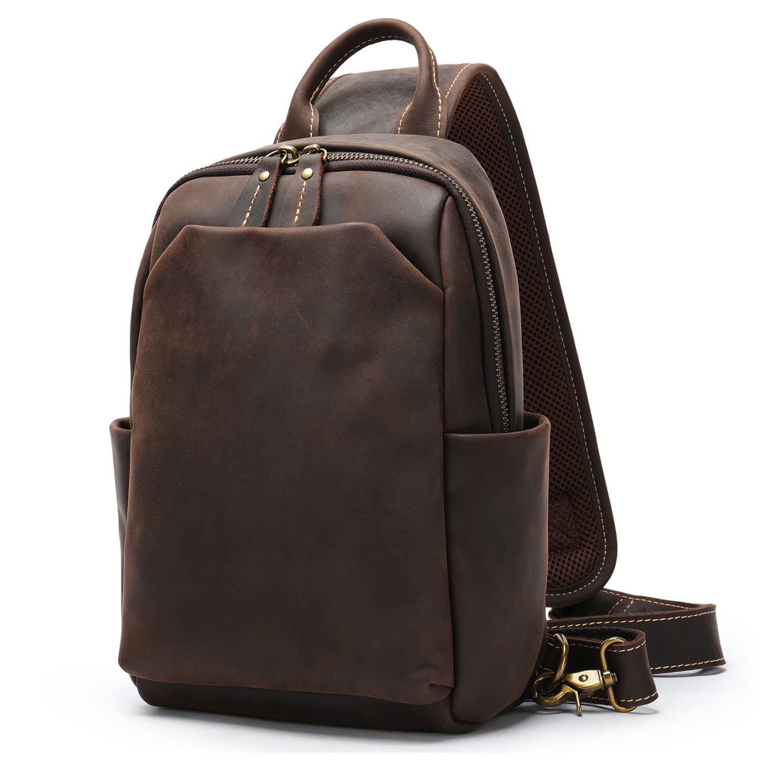 Zaino Monospalla Classico Uomo in Vera Pelle, Borsa a Tracolla Casual da Viaggio, Zainetto a Spalla da Uomo, Borse da Petto Vintage per Tablet da 10,5 Pollici