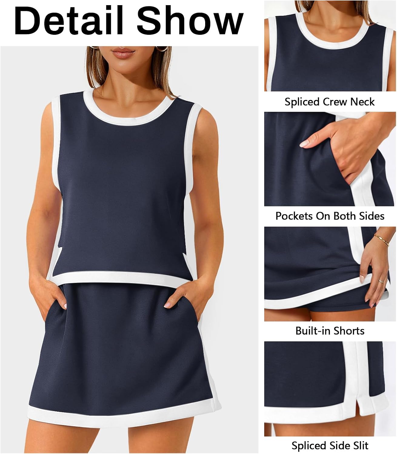 Women's Summer Two Piece Skirt Set Built in Shorts With Pocket Sleeveless Crew Neck Top Tracksuits Tennis Golf Outfits